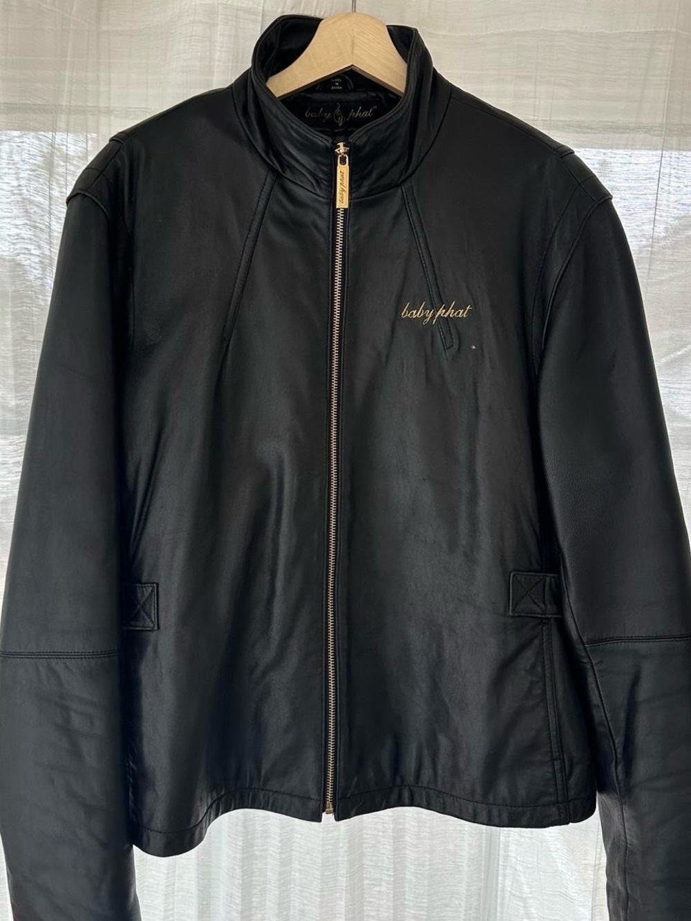Baby Phat Black Leather Bomber Jacket with Gold Trim, detachable faux fur lining